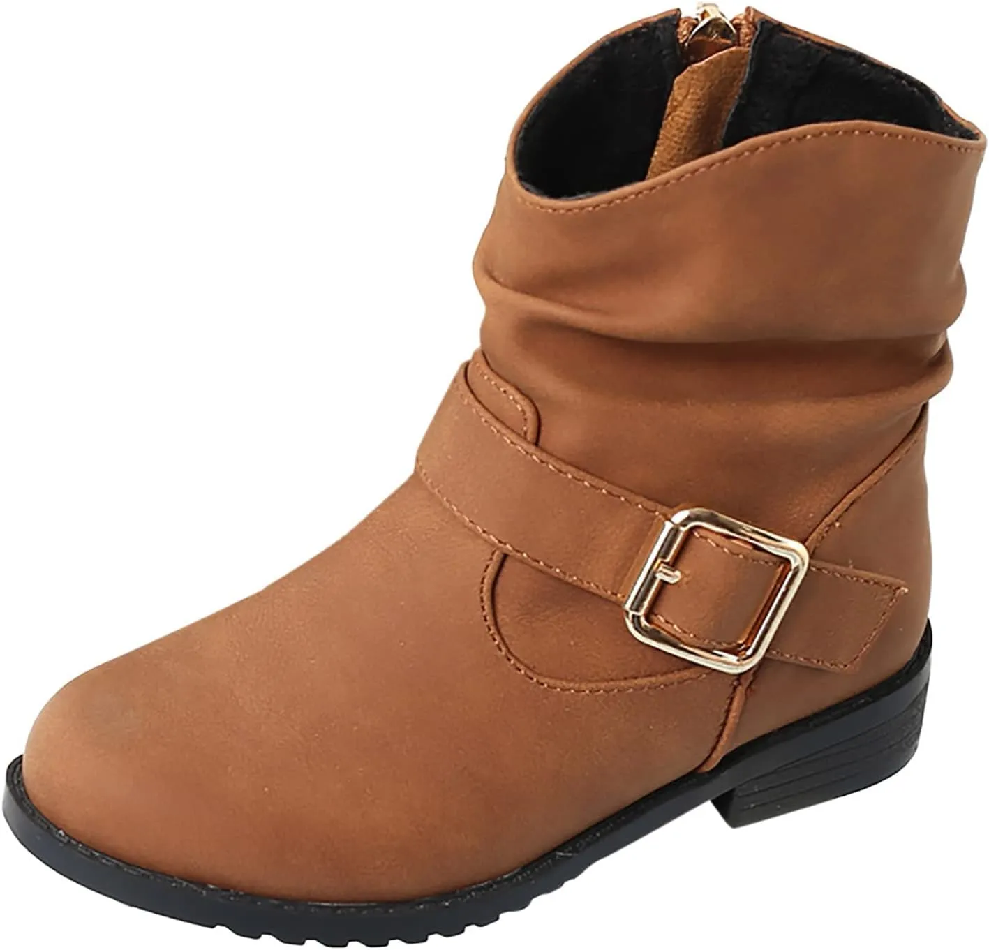 Girls Buckle Decor Slouchy Boots Western Boots Kids Ankle Boots Girls Low Heel Outdoor Walking Hiking Shoes (Brown, 5-5.5 Years)