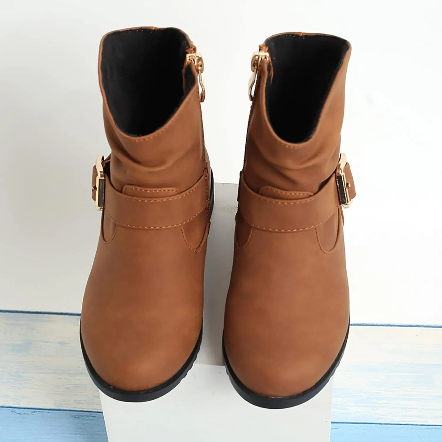 Girls Buckle Decor Slouchy Boots Western Boots Kids Ankle Boots Girls Low Heel Outdoor Walking Hiking Shoes (Brown, 5-5.5 Years)