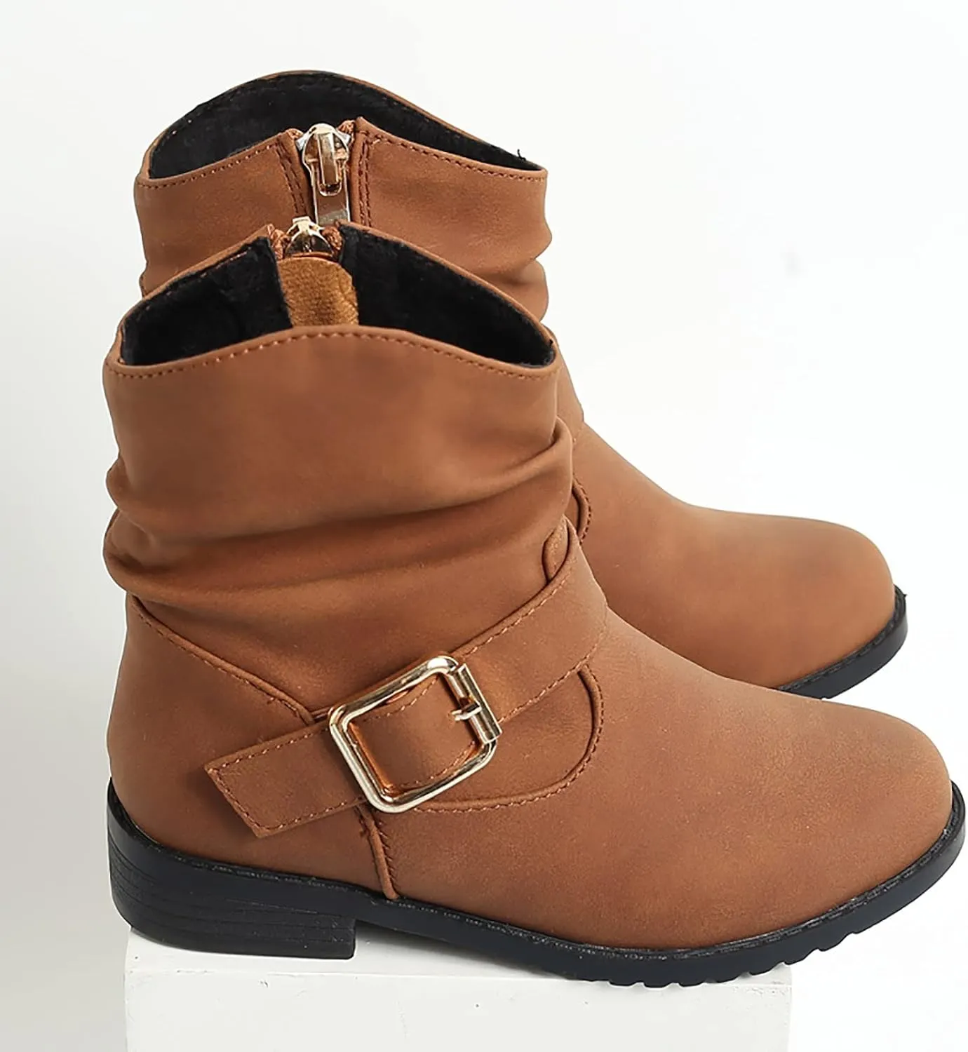 Girls Buckle Decor Slouchy Boots Western Boots Kids Ankle Boots Girls Low Heel Outdoor Walking Hiking Shoes (Brown, 5-5.5 Years)