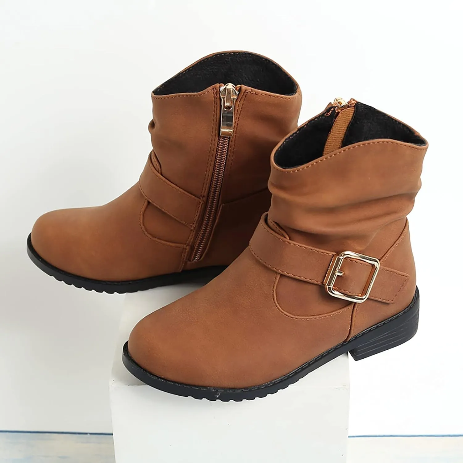 Girls Buckle Decor Slouchy Boots Western Boots Kids Ankle Boots Girls Low Heel Outdoor Walking Hiking Shoes (Brown, 5-5.5 Years)