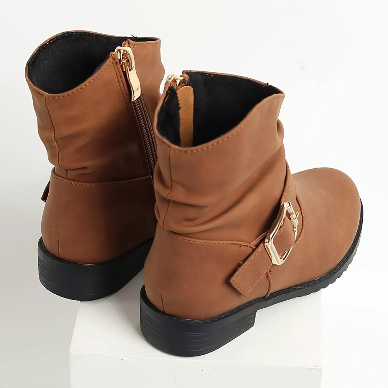 Girls Buckle Decor Slouchy Boots Western Boots Kids Ankle Boots Girls Low Heel Outdoor Walking Hiking Shoes (Brown, 5-5.5 Years)
