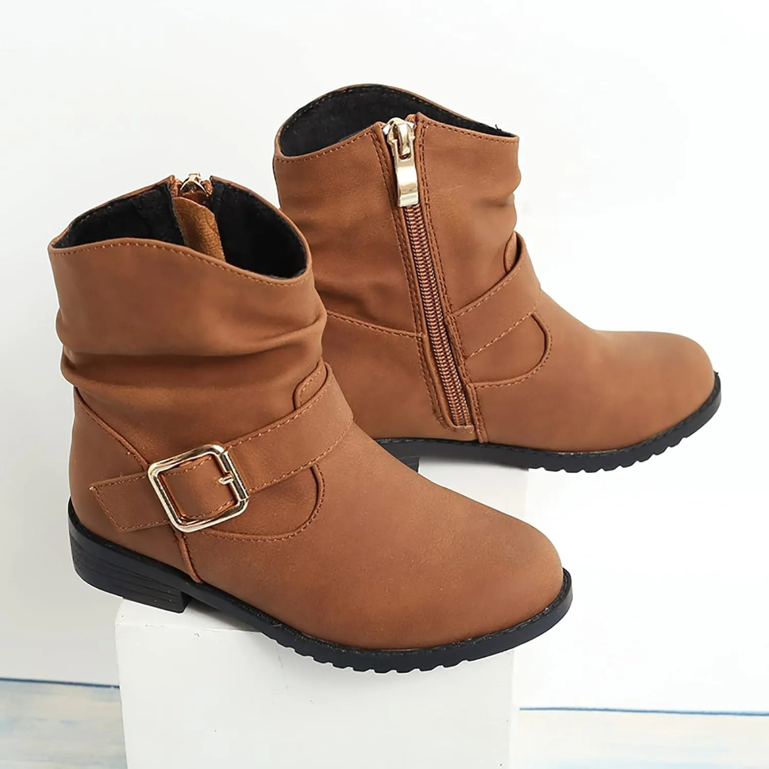 Girls Buckle Decor Slouchy Boots Western Boots Kids Ankle Boots Girls Low Heel Outdoor Walking Hiking Shoes (Brown, 5-5.5 Years)