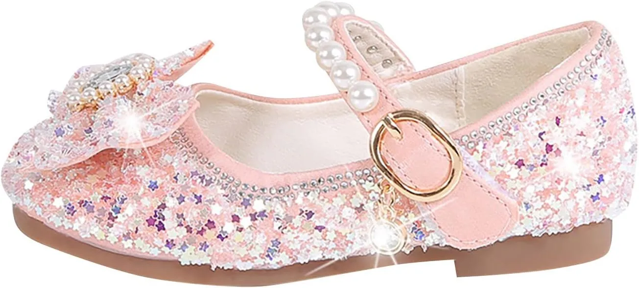 Girls Flat Soled Shoe Dress Shoes Rhinestone Bows Low Heel Princess Flower Wedding Party for Toddler Girls Hiking Shoes (Pink, 9 Toddler)