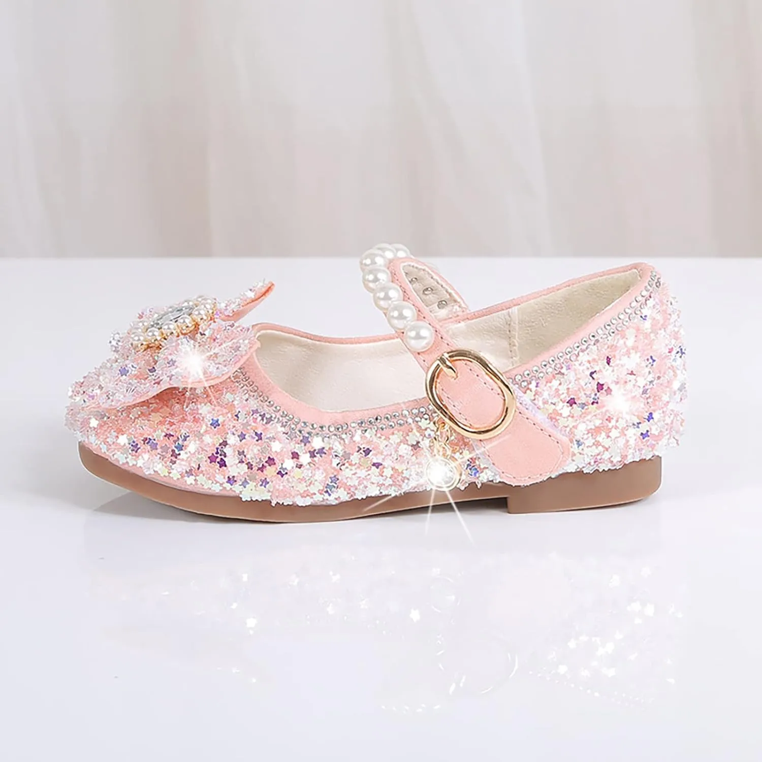 Girls Flat Soled Shoe Dress Shoes Rhinestone Bows Low Heel Princess Flower Wedding Party for Toddler Girls Hiking Shoes (Pink, 9 Toddler)