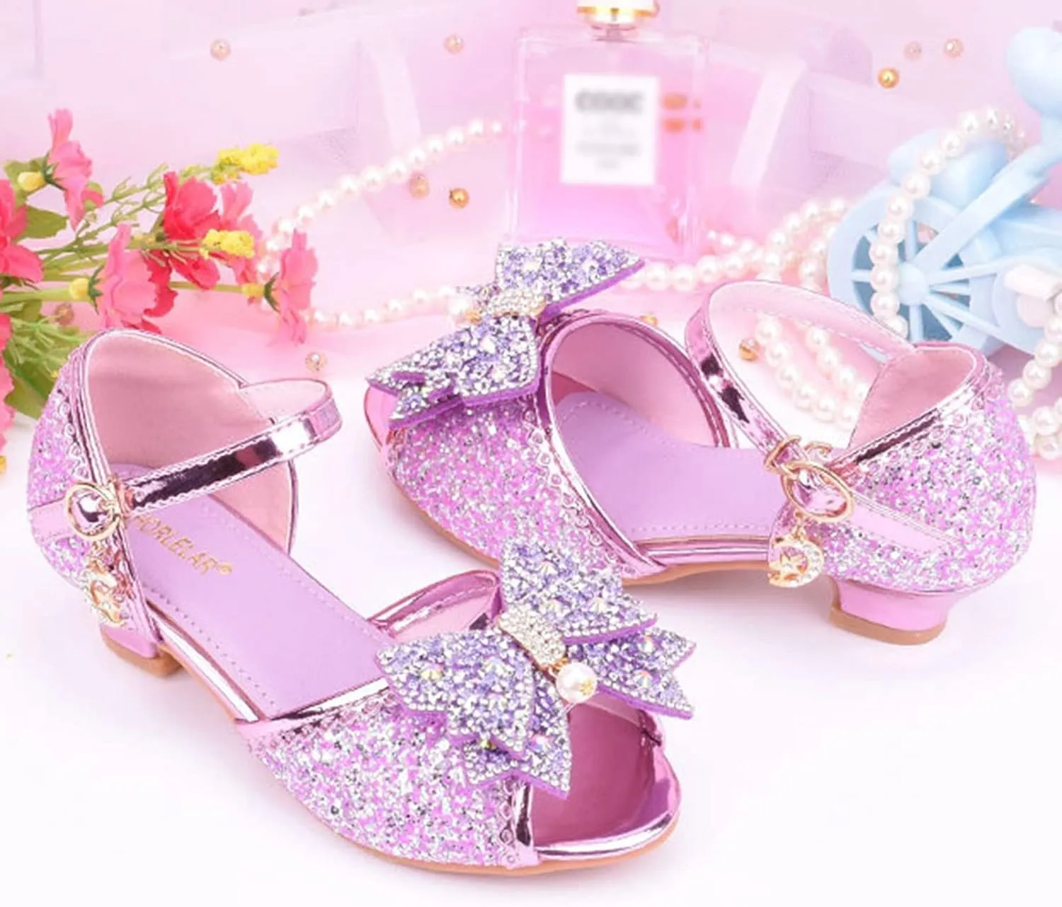 Girls Kids Sequins Dress Dance Sneakers Open Toe Ankle with Strap Low Heel Wedding Shoes Fancy Bow Glitter