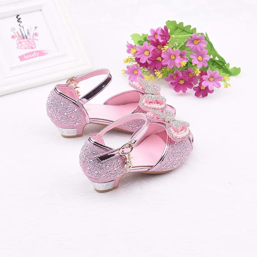Girls Sandals Crystal Pearl Dress Shoes Princess High Heels Party Wedding Flower Girls Shoes for Kid Toddler 4-12Years (Pink-02A#, 4.5-5Years)