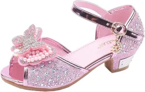Girls Sandals Crystal Pearl Dress Shoes Princess High Heels Party Wedding Flower Girls Shoes for Kid Toddler 4-12Years (Pink-02A#, 4.5-5Years)