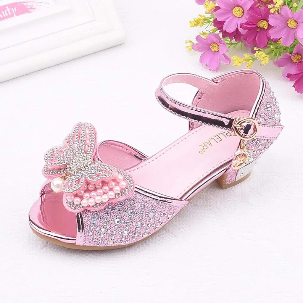 Girls Sandals Crystal Pearl Dress Shoes Princess High Heels Party Wedding Flower Girls Shoes for Kid Toddler 4-12Years (Pink-02A#, 4.5-5Years)
