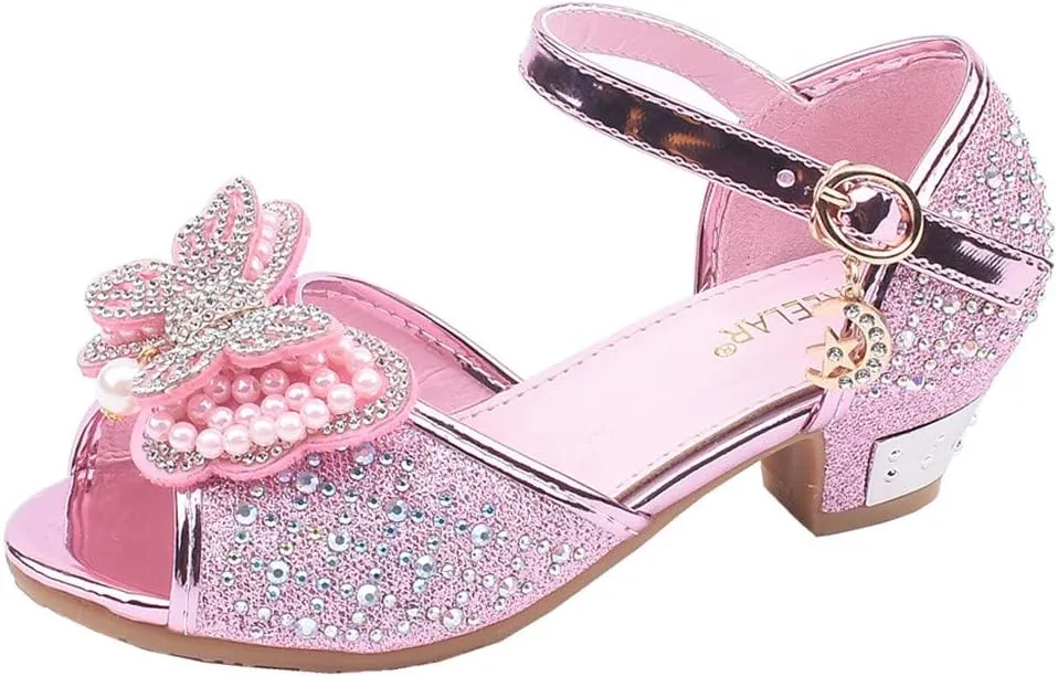 Girls Sandals Crystal Pearl Dress Shoes Princess High Heels Party Wedding Flower Girls Shoes for Kid Toddler 4-12Years (Pink-02A#, 4.5-5Years)