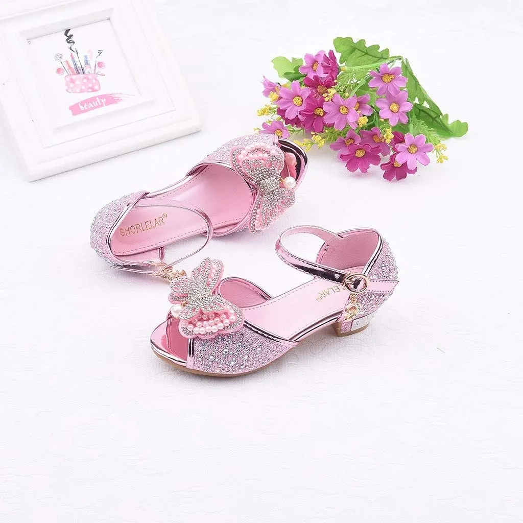Girls Sandals Crystal Pearl Dress Shoes Princess High Heels Party Wedding Flower Girls Shoes for Kid Toddler 4-12Years (Pink-02A#, 4.5-5Years)