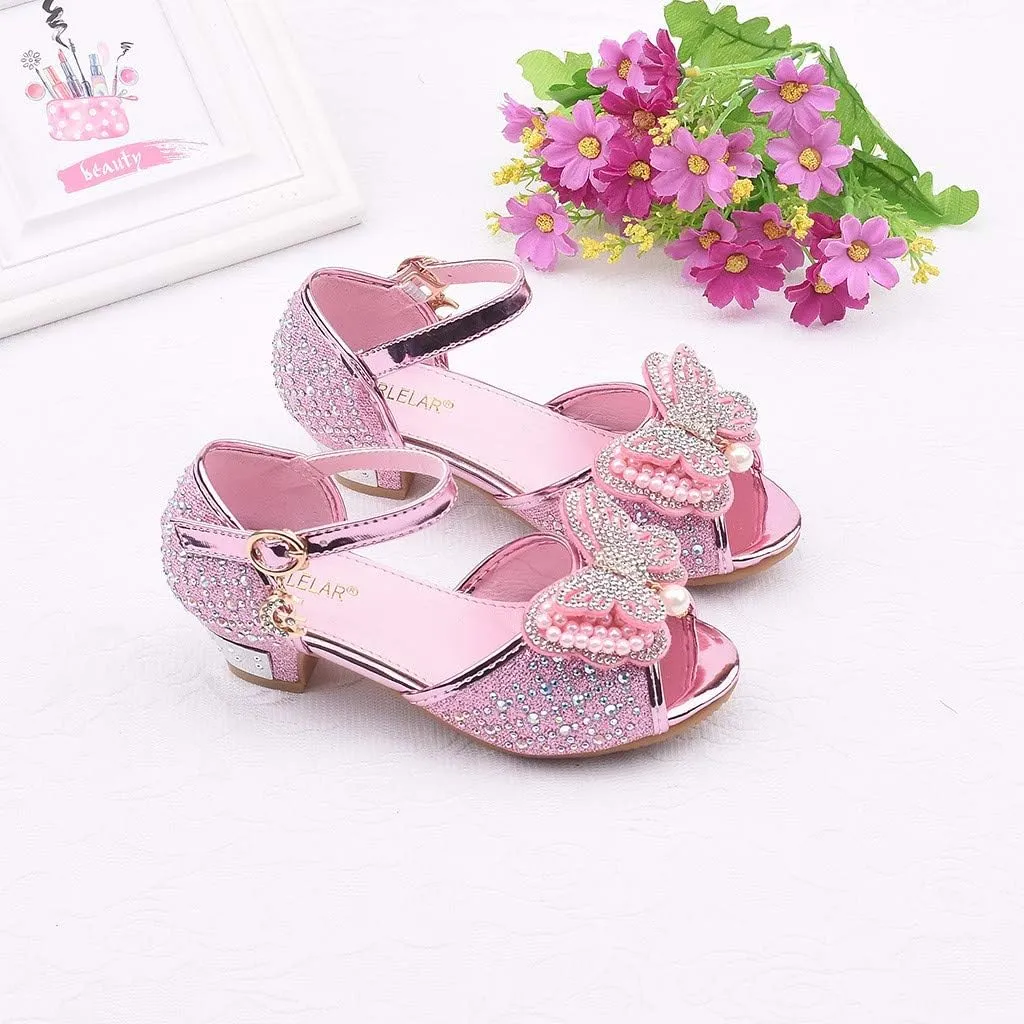 Girls Sandals Crystal Pearl Dress Shoes Princess High Heels Party Wedding Flower Girls Shoes for Kid Toddler 4-12Years (Pink-02A#, 4.5-5Years)
