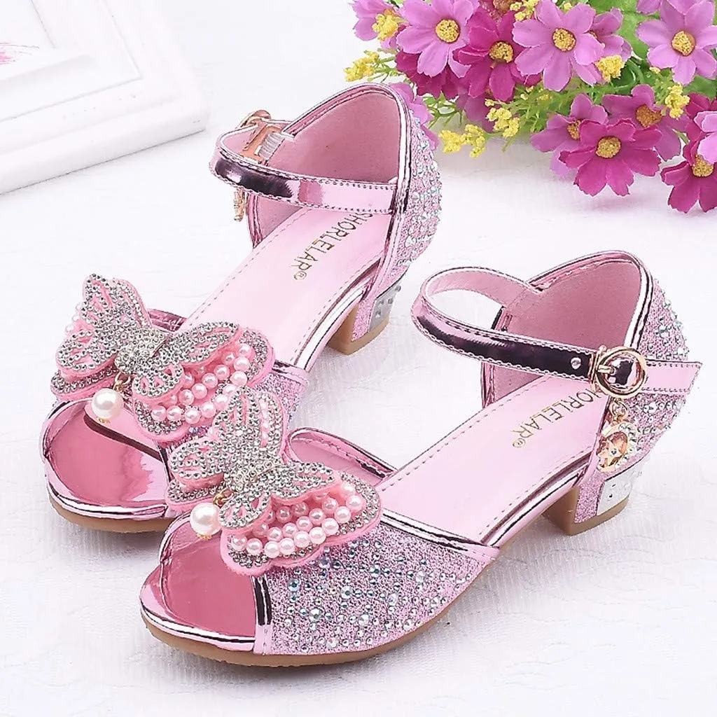 Girls Sandals Crystal Pearl Dress Shoes Princess High Heels Party Wedding Flower Girls Shoes for Kid Toddler 4-12Years (Pink-02A#, 4.5-5Years)