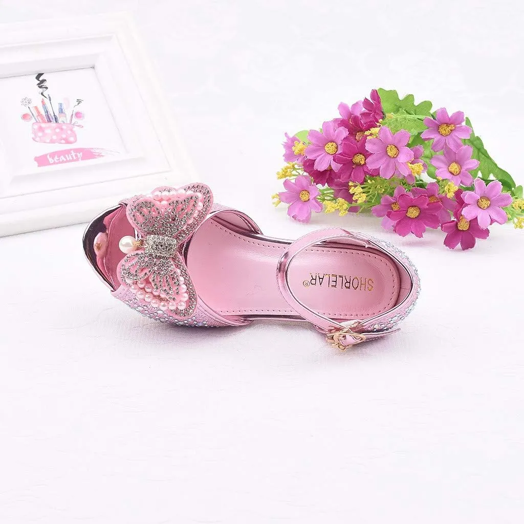 Girls Sandals Crystal Pearl Dress Shoes Princess High Heels Party Wedding Flower Girls Shoes for Kid Toddler 4-12Years (Pink-02A#, 4.5-5Years)