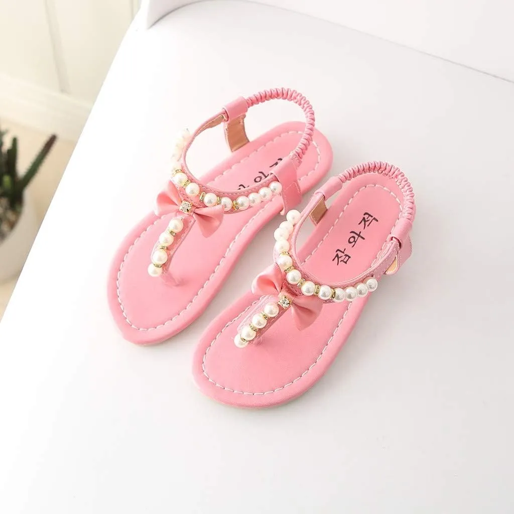 Girls Sandals Open Toe Princess Flat Sandals Bowknot Pearl Summer Sandals Beach Shoes for 1-12 Years Old
