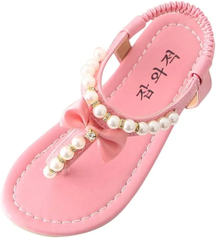Girls Sandals Open Toe Princess Flat Sandals Bowknot Pearl Summer Sandals Beach Shoes for 1-12 Years Old