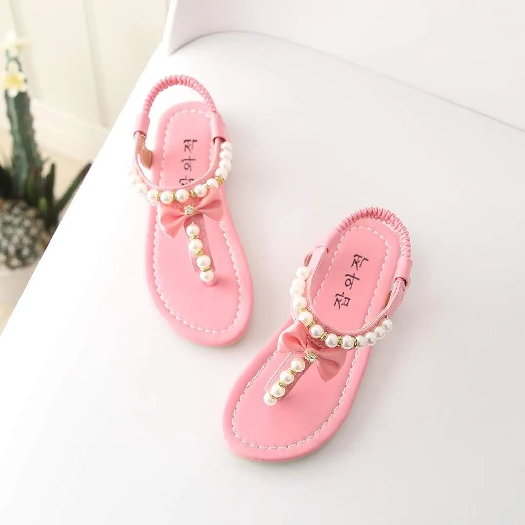 Girls Sandals Open Toe Princess Flat Sandals Bowknot Pearl Summer Sandals Beach Shoes for 1-12 Years Old