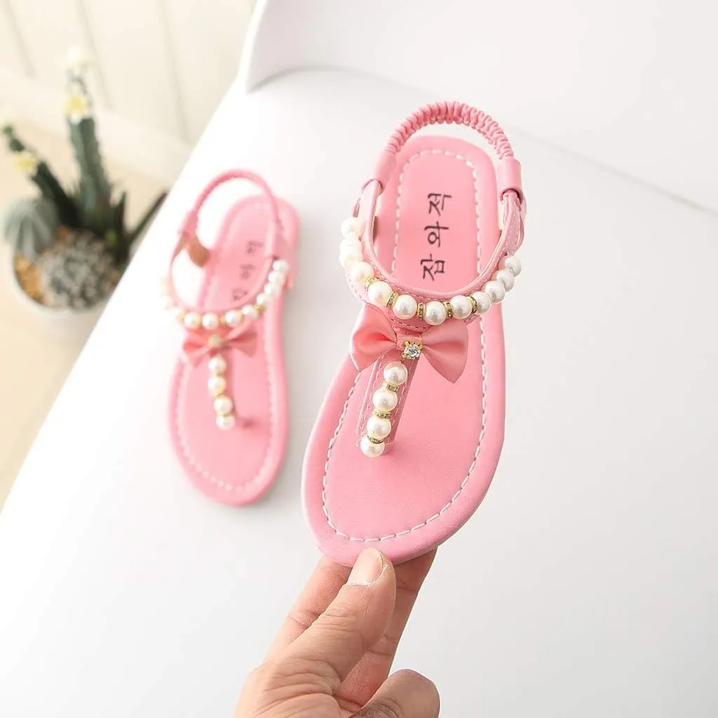 Girls Sandals Open Toe Princess Flat Sandals Bowknot Pearl Summer Sandals Beach Shoes for 1-12 Years Old