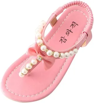 Girls Sandals Open Toe Princess Flat Sandals Bowknot Pearl Summer Sandals Beach Shoes for 1-12 Years Old