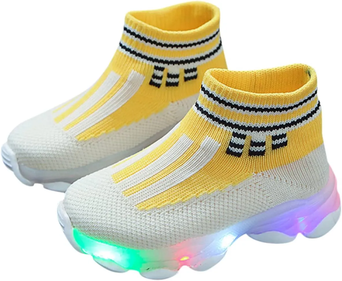 Girls Sneakers Toddler Kid Sneakers Breathable Non-Skid Walking Shoes Bling Led Light Luminous Sport Shoes (Yellow-04#b, 3.5-4Years)