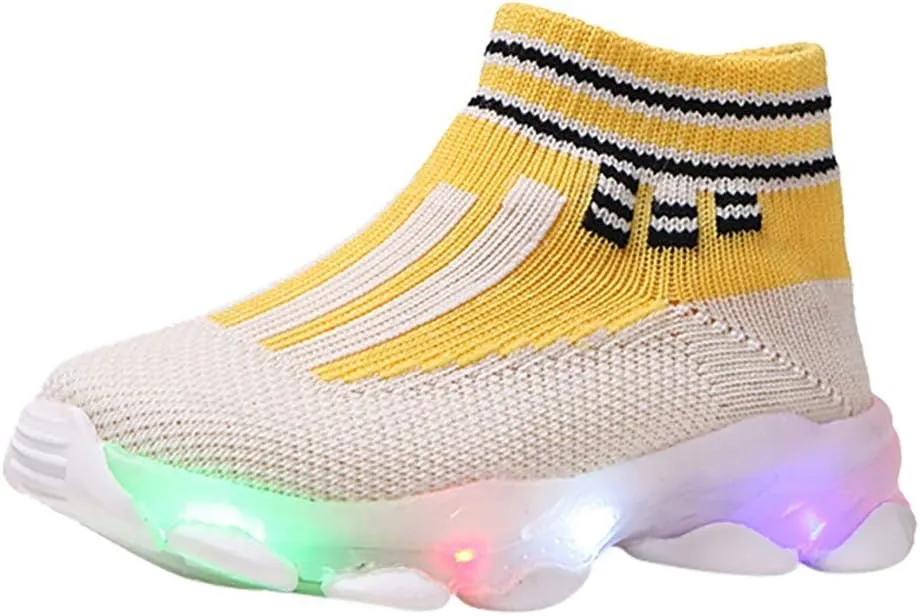 Girls Sneakers Toddler Kid Sneakers Breathable Non-Skid Walking Shoes Bling Led Light Luminous Sport Shoes (Yellow-04#b, 3.5-4Years)