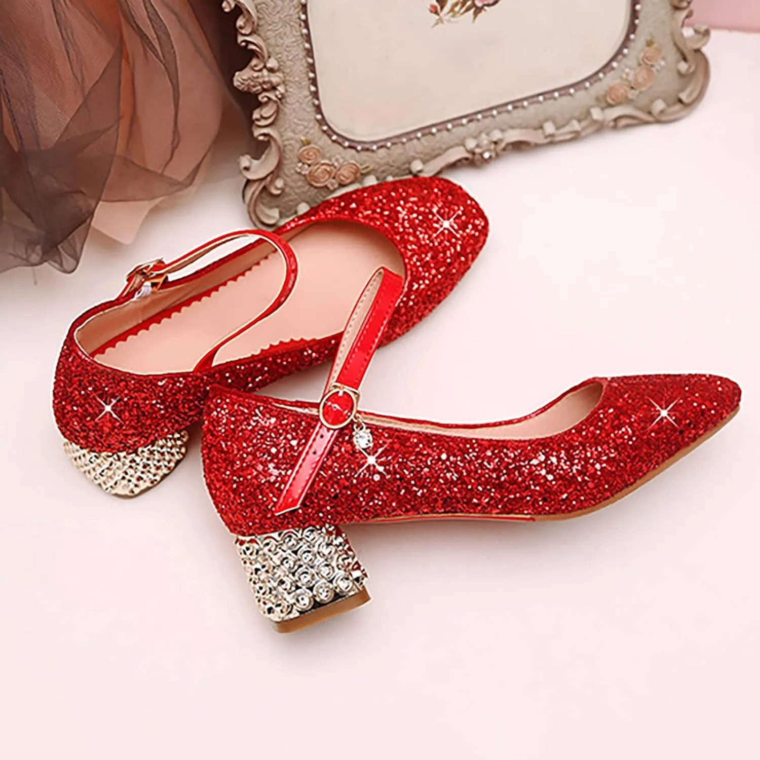 Girls Sparkly Mary Jane Low Heel Dress Shoes Bridesmaids Glitter Shiny Closed Bunny Slippers for Girls Size 13
