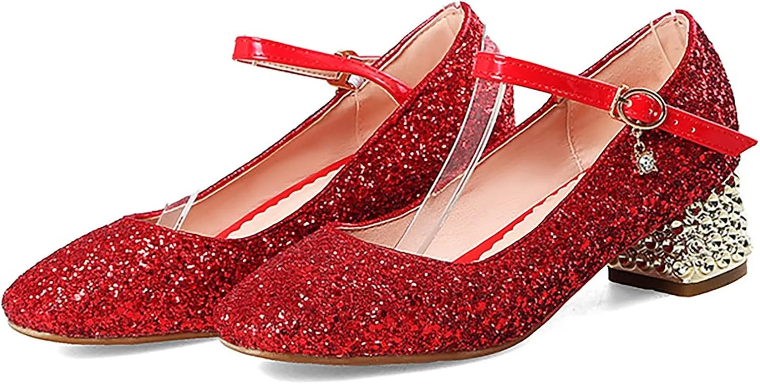 Girls Sparkly Mary Jane Low Heel Dress Shoes Bridesmaids Glitter Shiny Closed Bunny Slippers for Girls Size 13