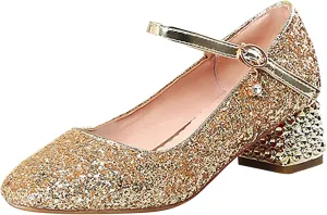 Girls Sparkly Mary Jane Low Heel Dress Shoes Bridesmaids Glitter Shiny Closed Bunny Slippers for Girls Size 13