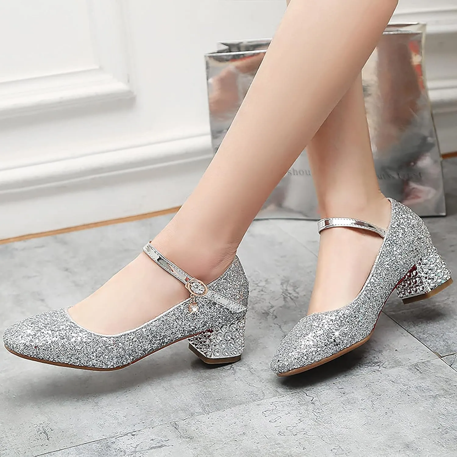 Girls Sparkly Mary Jane Low Heel Dress Shoes Bridesmaids Glitter Shiny Closed Bunny Slippers for Girls Size 13