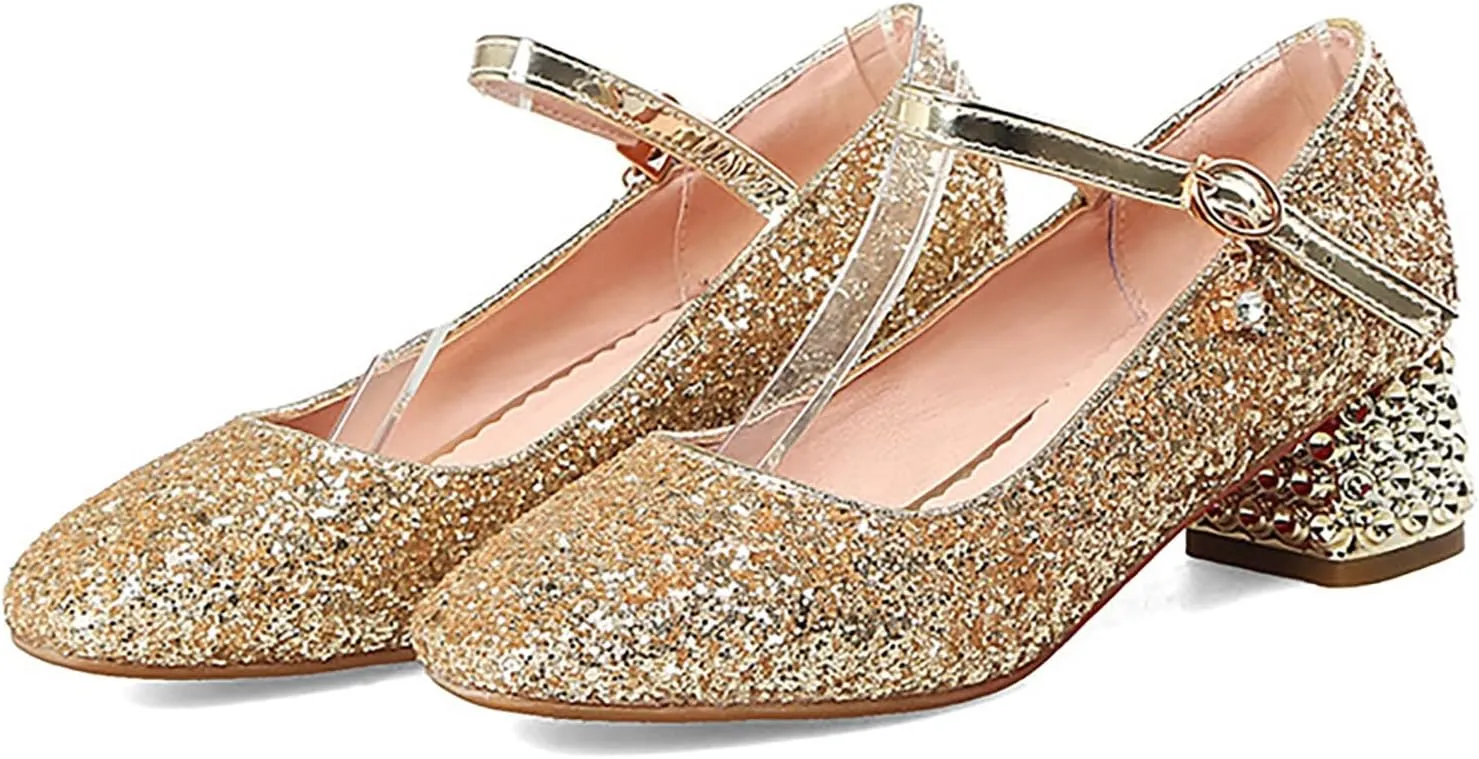 Girls Sparkly Mary Jane Low Heel Dress Shoes Bridesmaids Glitter Shiny Closed Bunny Slippers for Girls Size 13