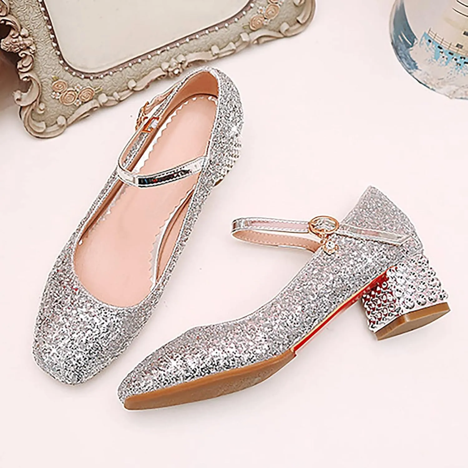 Girls Sparkly Mary Jane Low Heel Dress Shoes Bridesmaids Glitter Shiny Closed Bunny Slippers for Girls Size 13