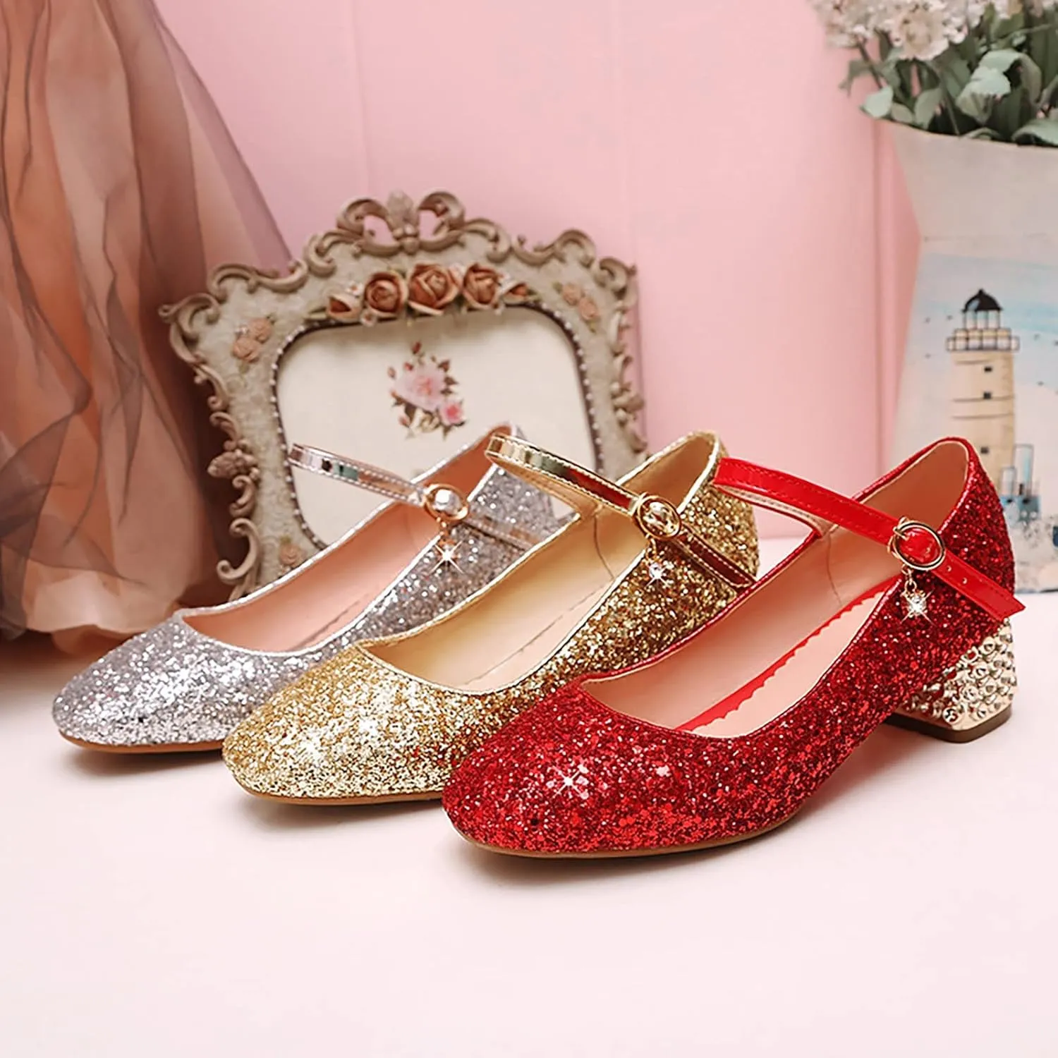 Girls Sparkly Mary Jane Low Heel Dress Shoes Bridesmaids Glitter Shiny Closed Bunny Slippers for Girls Size 13