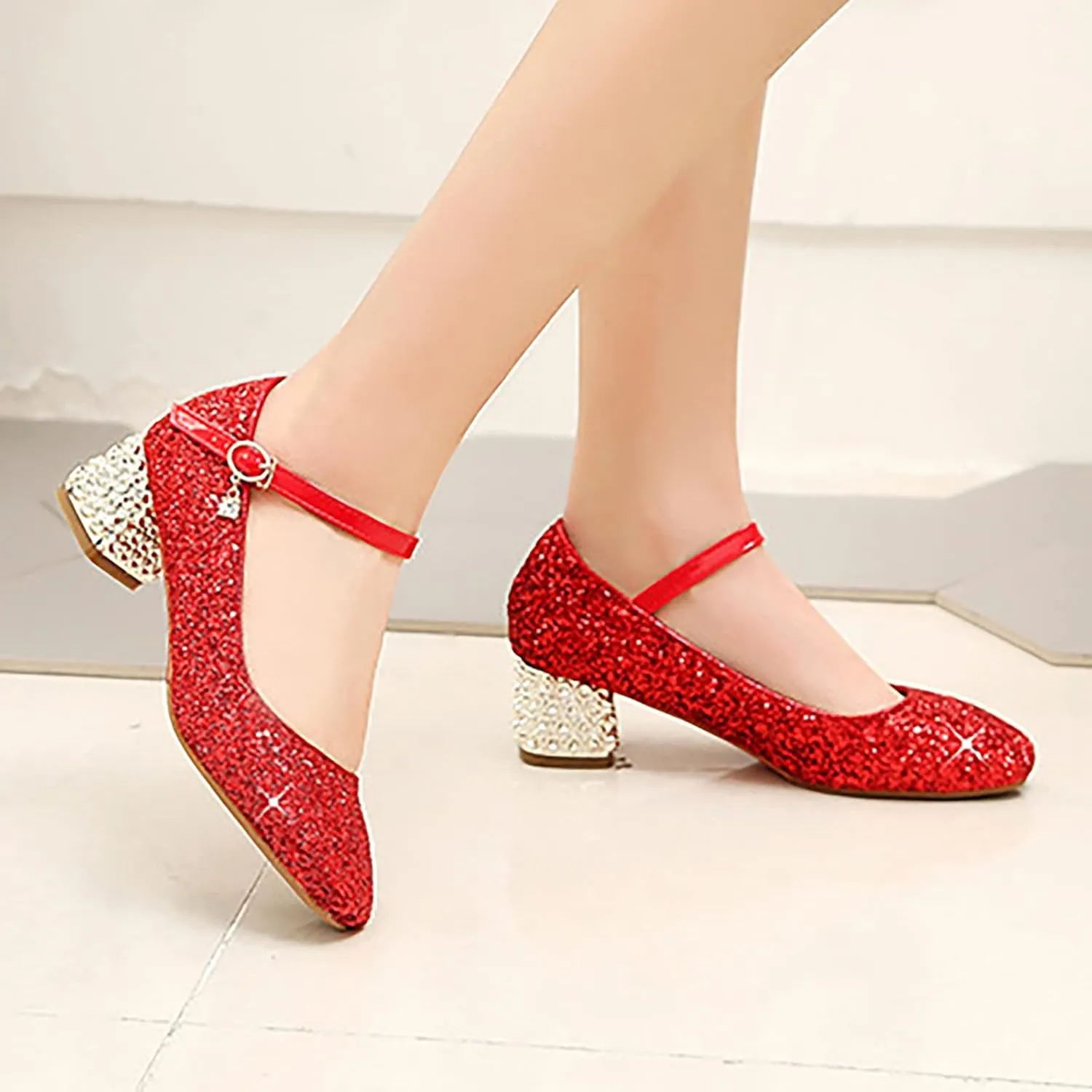 Girls Sparkly Mary Jane Low Heel Dress Shoes Bridesmaids Glitter Shiny Closed Bunny Slippers for Girls Size 13