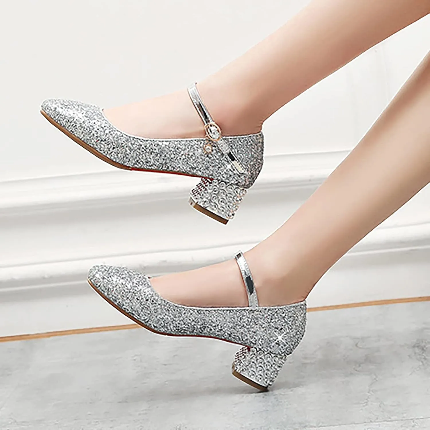 Girls Sparkly Mary Jane Low Heel Dress Shoes Bridesmaids Glitter Shiny Closed Bunny Slippers for Girls Size 13