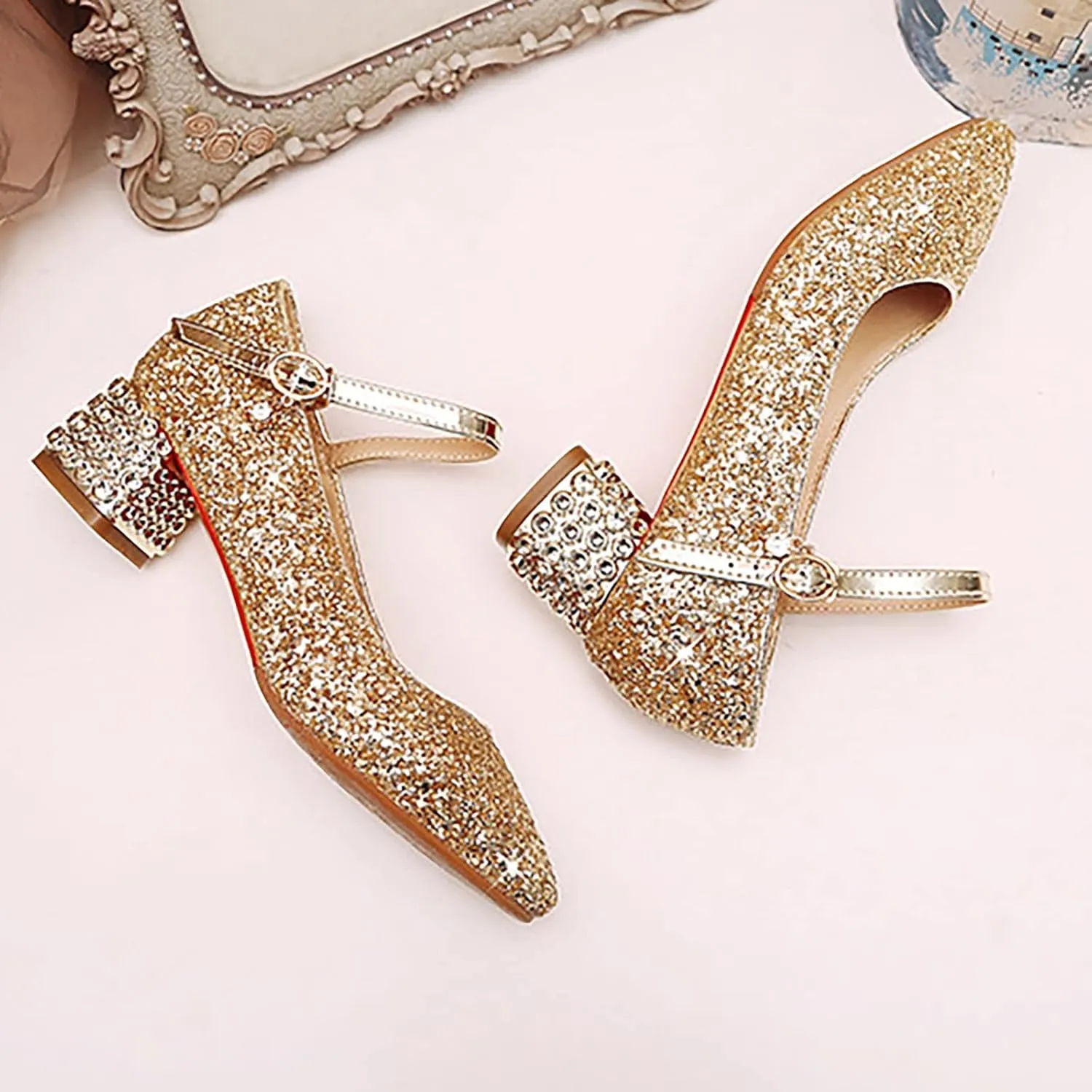 Girls Sparkly Mary Jane Low Heel Dress Shoes Bridesmaids Glitter Shiny Closed Bunny Slippers for Girls Size 13
