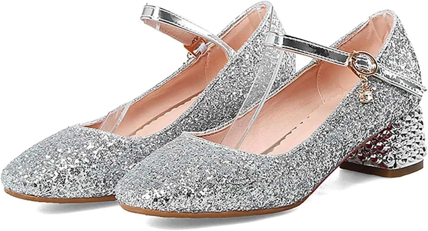 Girls Sparkly Mary Jane Low Heel Dress Shoes Bridesmaids Glitter Shiny Closed Bunny Slippers for Girls Size 13