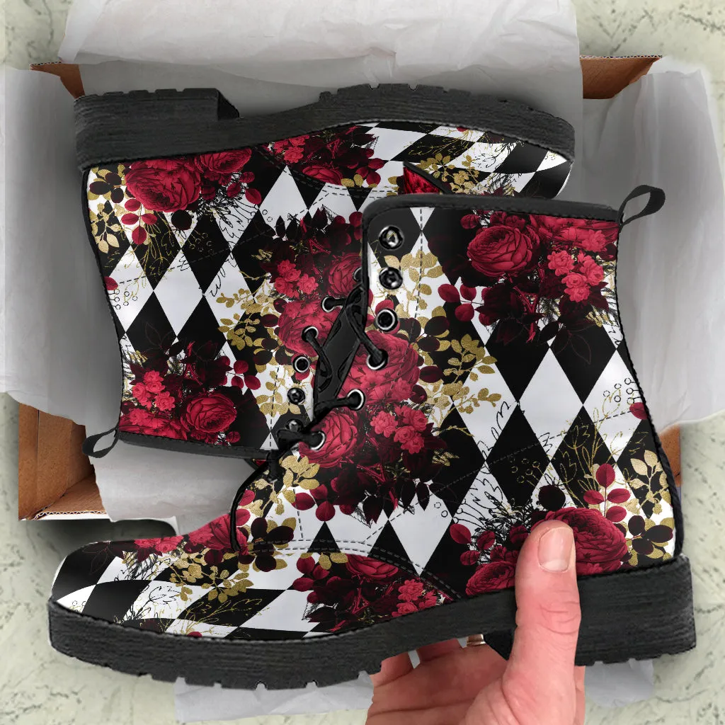 Gothic Roses and Diamonds Vegan leather Combat Boots - Vegan Leather Gothic Rose Boots(REG13)