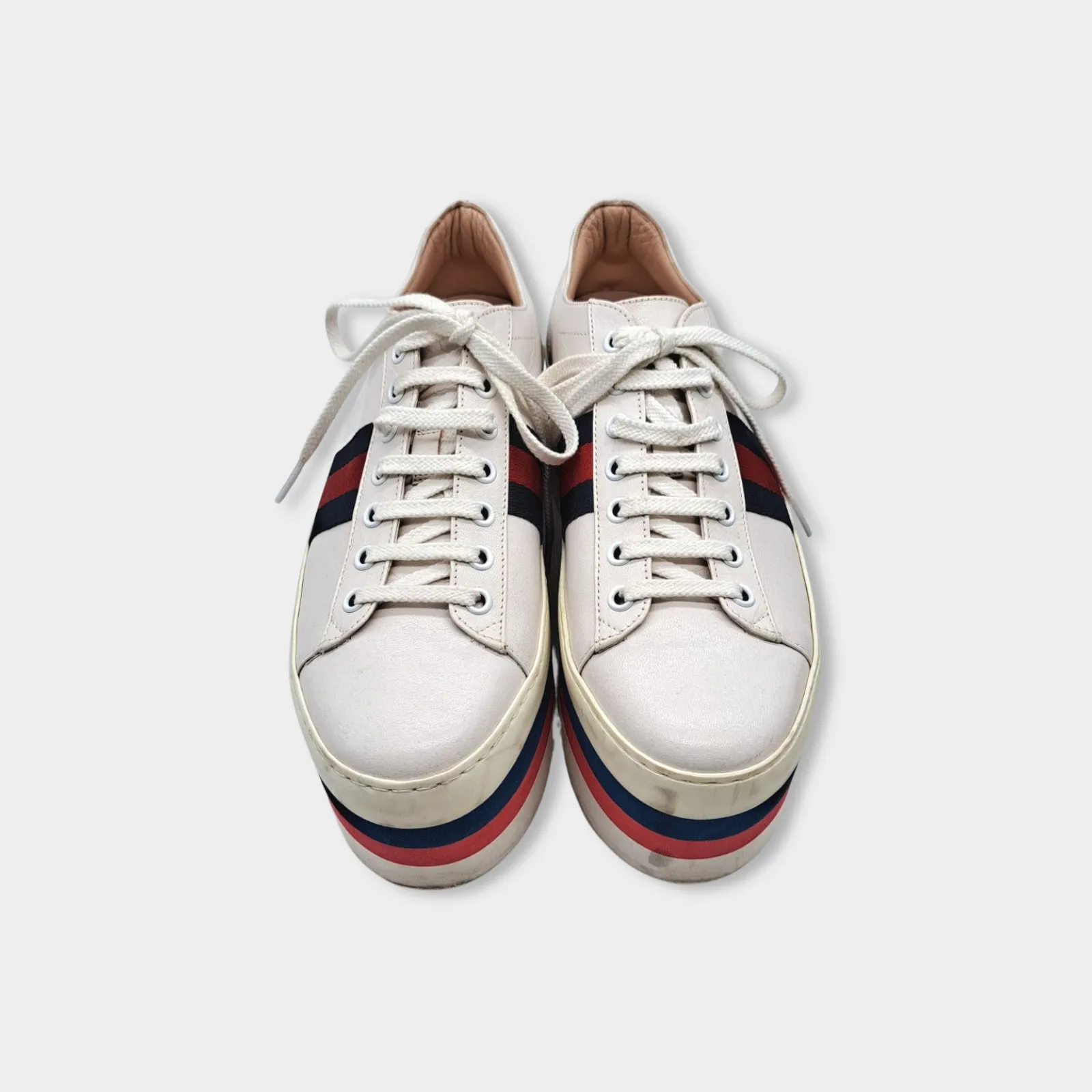 Gucci women's white leather platformed sneakers with red and navy accents