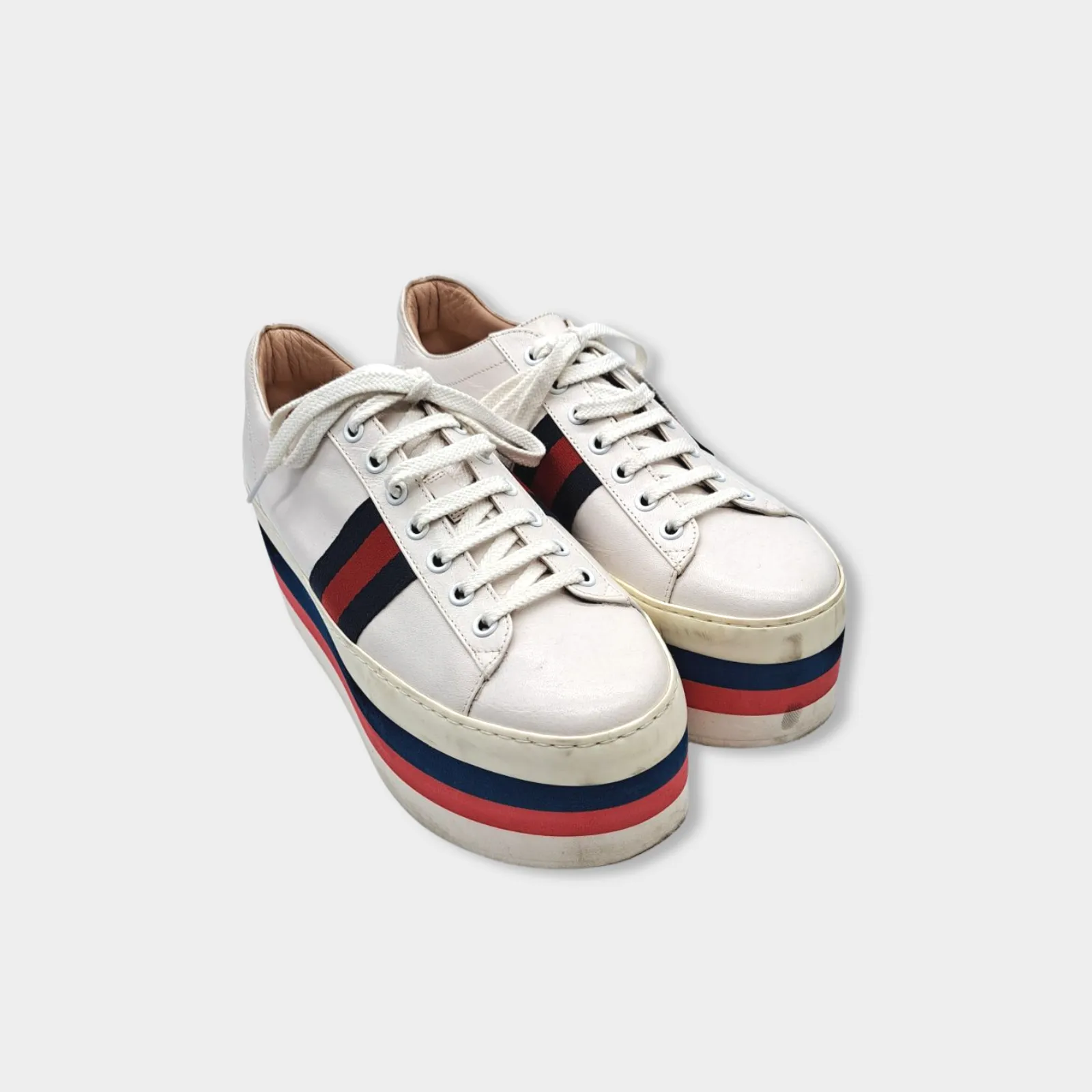 Gucci women's white leather platformed sneakers with red and navy accents