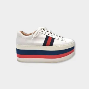 Gucci women's white leather platformed sneakers with red and navy accents