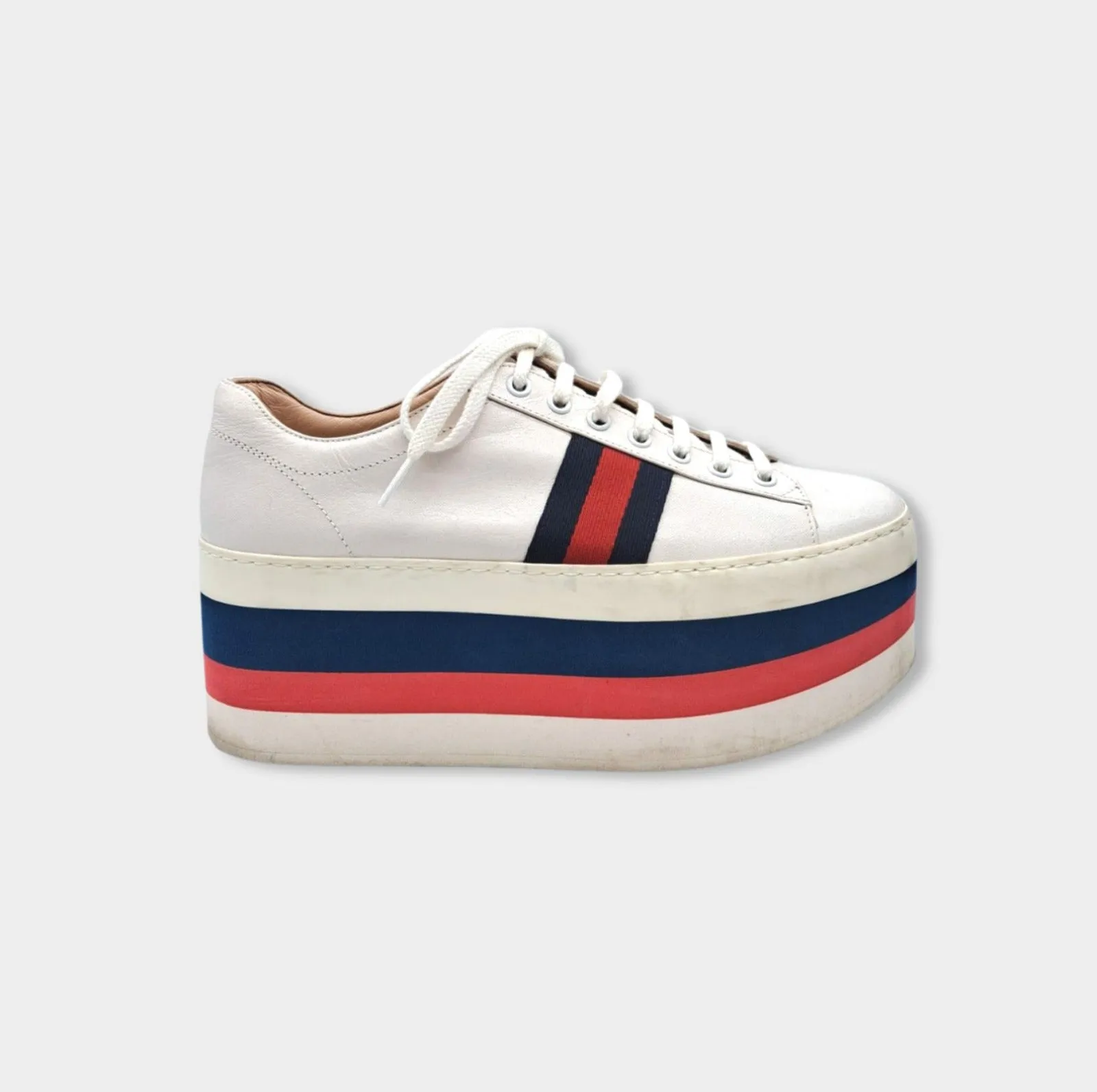 Gucci women's white leather platformed sneakers with red and navy accents