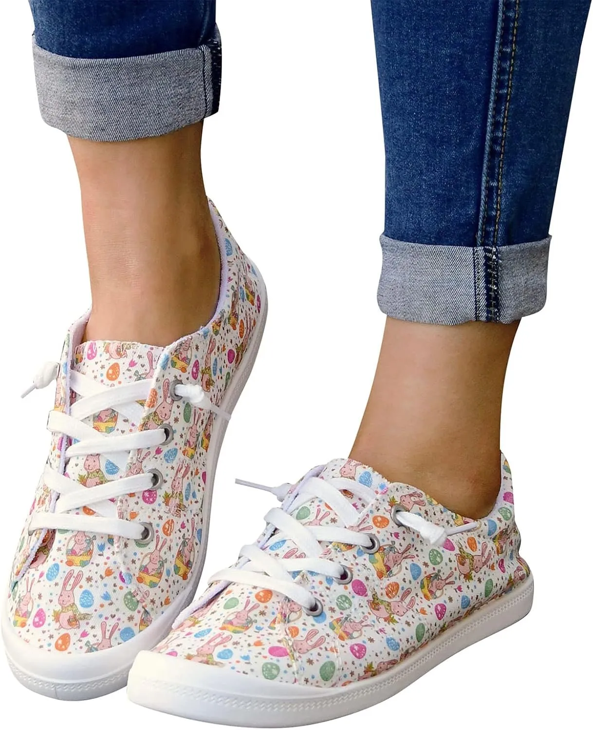 Gumipy Women's Lace-Up Loafers Valentine's Day Love Heart Print Fashion Sneaker Comfortable Lightweight Canvas Shoes Breathable Walking Shoes