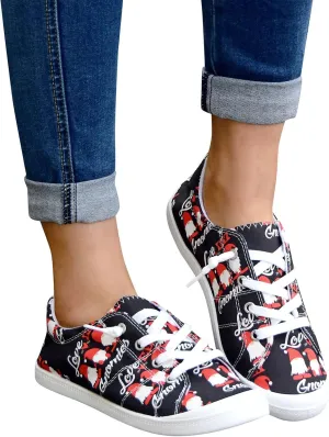 Gumipy Women's Lace-Up Loafers Valentine's Day Love Heart Print Fashion Sneaker Comfortable Lightweight Canvas Shoes Breathable Walking Shoes