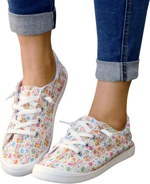 Gumipy Women's Lace-Up Loafers Valentine's Day Love Heart Print Fashion Sneaker Comfortable Lightweight Canvas Shoes Breathable Walking Shoes