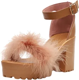 Heels for Women Sexy Womens Open Toe Ankle Strap Chunky Heel Sandals Shoes Fluffy Feather Slip On Ankle Strappy Sandals Ankle Strap Stiletto Pump for Wedding Party Dance Evening