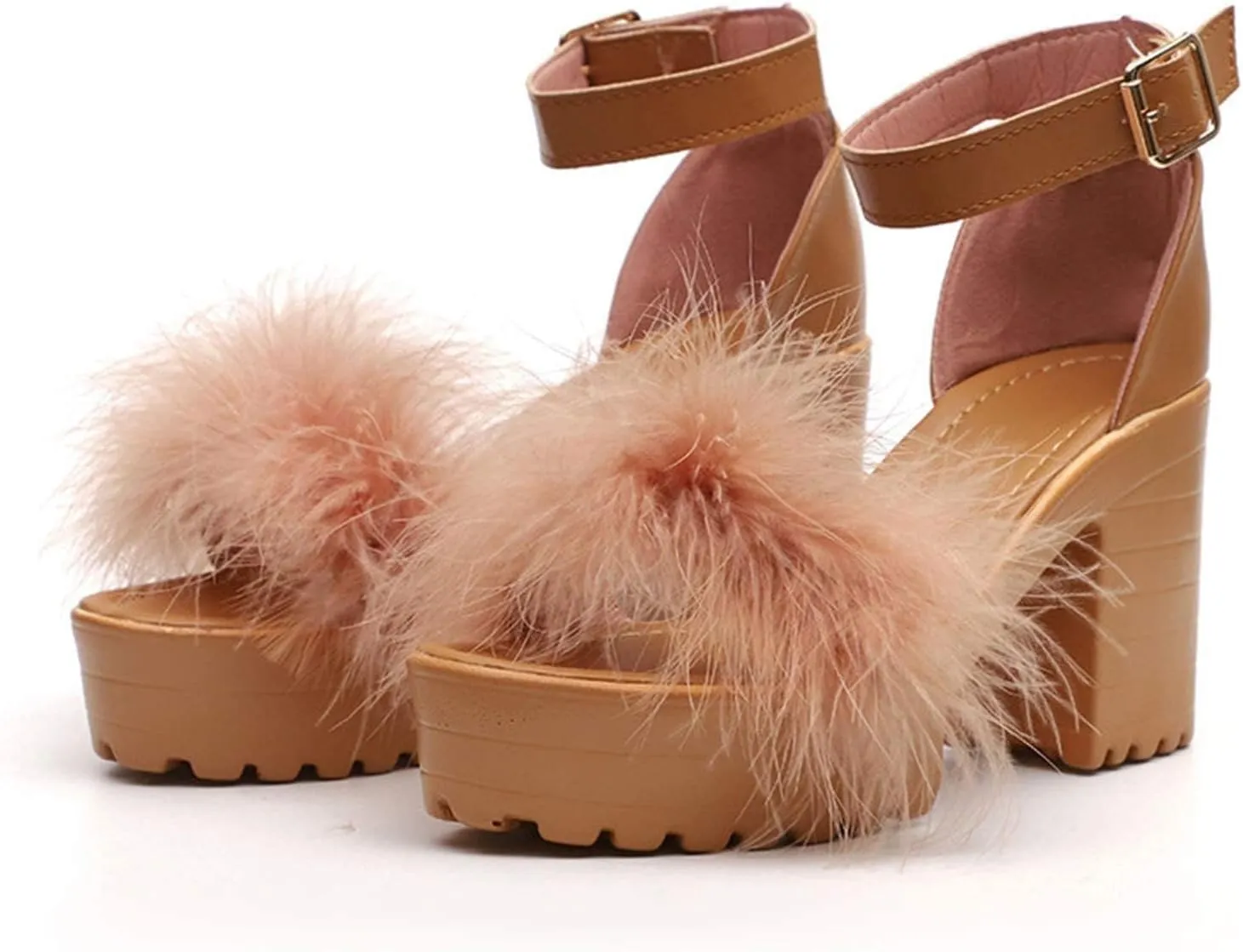 Heels for Women Sexy Womens Open Toe Ankle Strap Chunky Heel Sandals Shoes Fluffy Feather Slip On Ankle Strappy Sandals Ankle Strap Stiletto Pump for Wedding Party Dance Evening