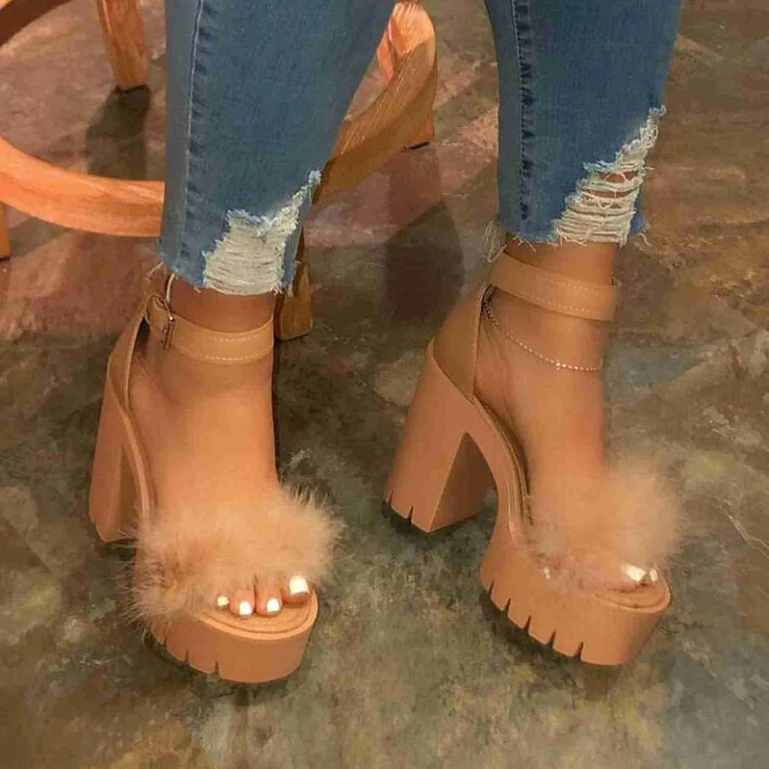 Heels for Women Sexy Womens Open Toe Ankle Strap Chunky Heel Sandals Shoes Fluffy Feather Slip On Ankle Strappy Sandals Ankle Strap Stiletto Pump for Wedding Party Dance Evening