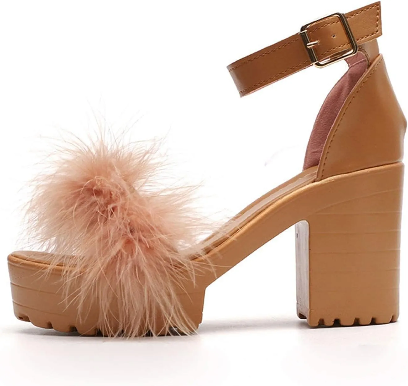 Heels for Women Sexy Womens Open Toe Ankle Strap Chunky Heel Sandals Shoes Fluffy Feather Slip On Ankle Strappy Sandals Ankle Strap Stiletto Pump for Wedding Party Dance Evening
