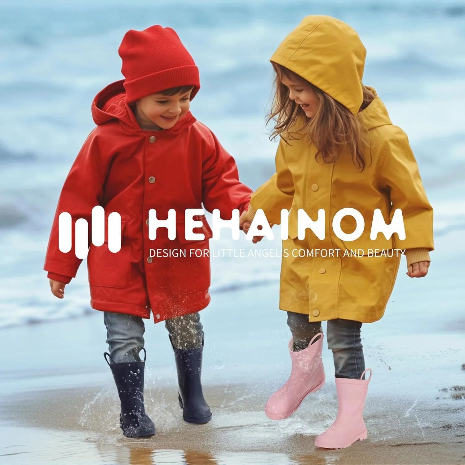 Hehainom Toddler Kids Rain Boots for Boys Girls Waterproof Easy-on Handles Rainboots