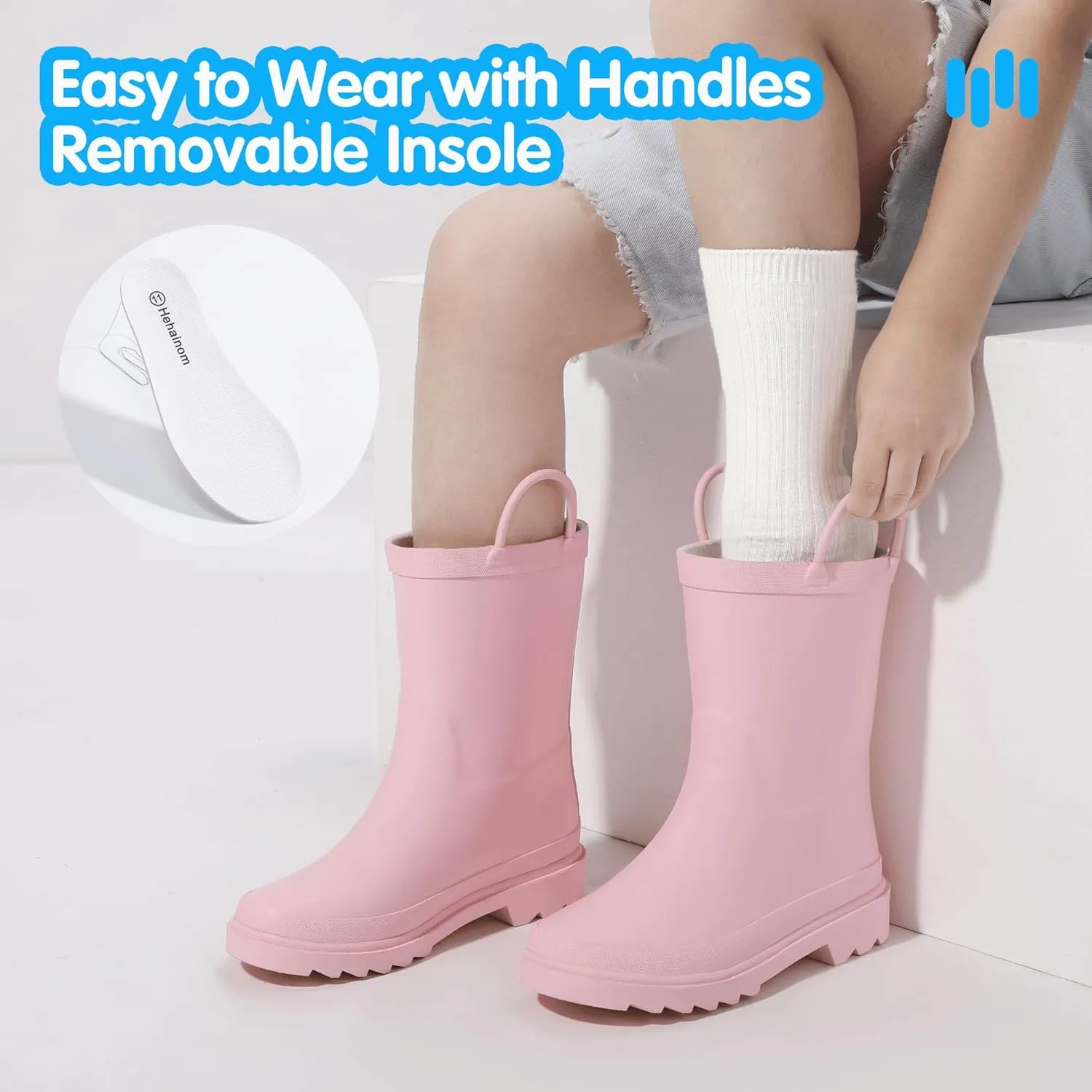 Hehainom Toddler Kids Rain Boots for Boys Girls Waterproof Easy-on Handles Rainboots