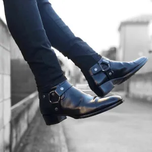 Height Increasing Black Leather Ravian Harness Chelsea Boots